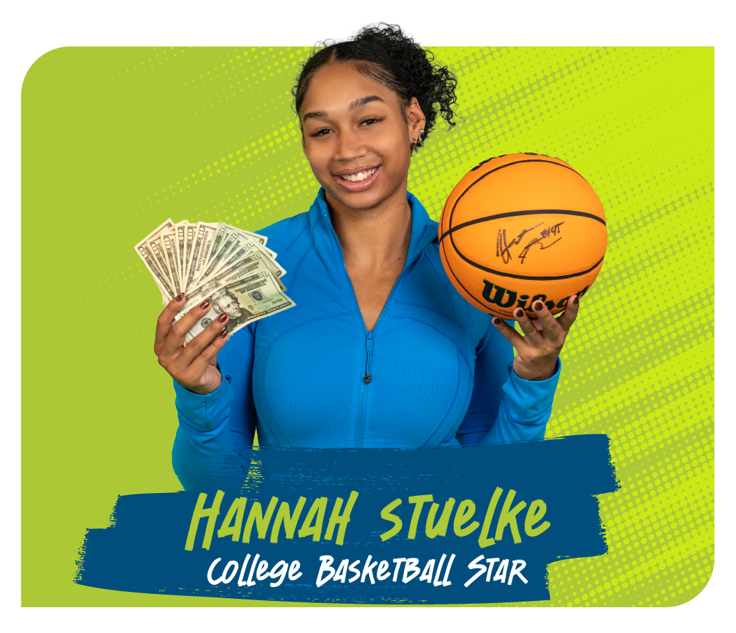 Hannah Stuelke Holding Basketball & Cash